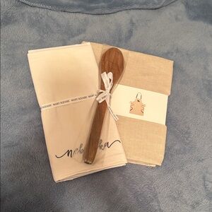 Beige and Cream Kitchen Towel Set with Wooden Spoon